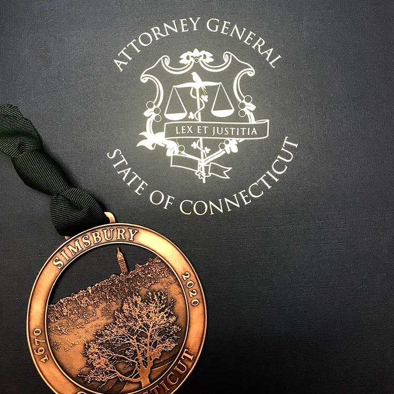 2021 Simsbury Hometown Hero Award with medal